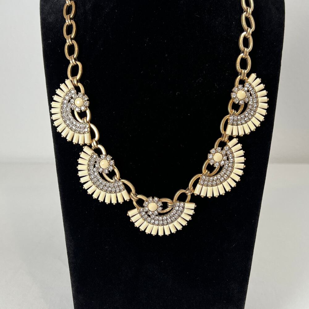 J. Crew‎ Fan Flower Statement Bib Necklace White Ivory Rhinestones Goldtone